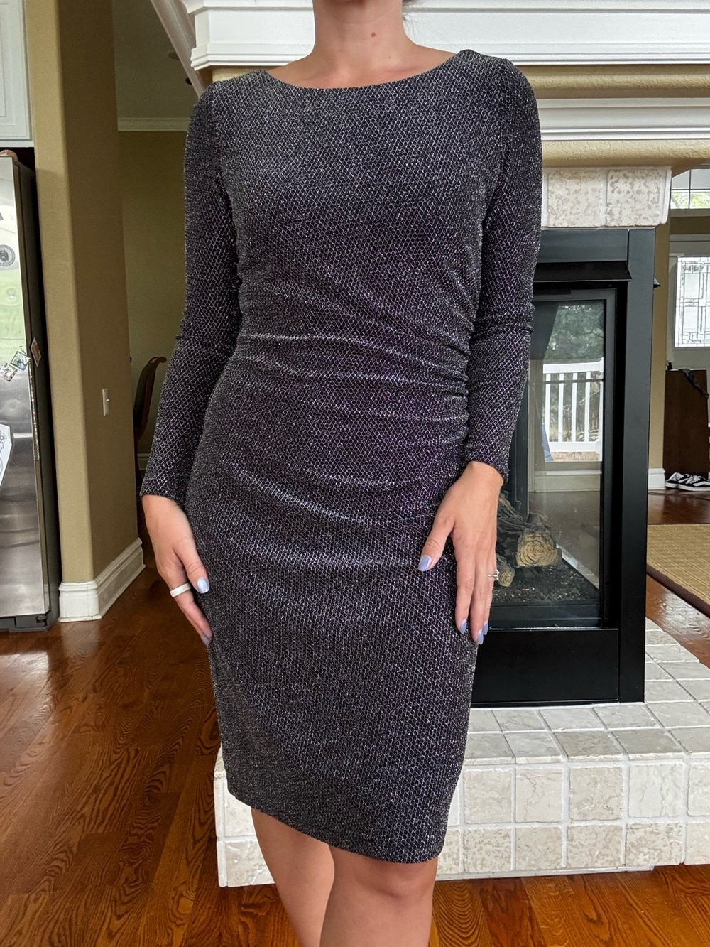 Lauren by Ralph Lauren Black‎ and Silver Printed Ruched Dress Cocktail Event
